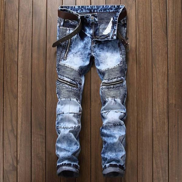 

straight folding denim design new men jeans european zipper motorcycle snowflake brand jeans for male, Blue
