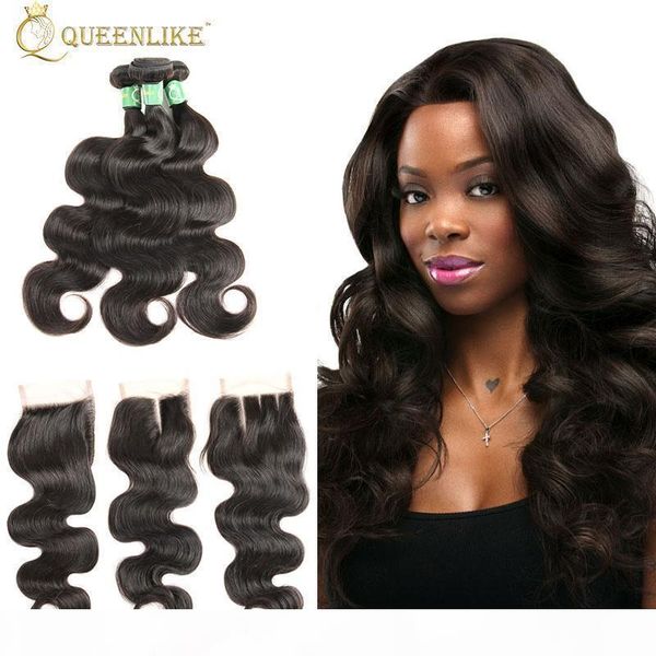 

unprocessed brazilian virgin human 3 hair bundles with 4x4 closure body wave 1b color dyeable queenlike 7a silver grade, Black;brown