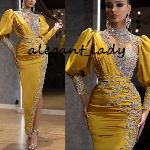 

ankle-length arabic evening formal dresses 2020 sparkly crystal beaded lace high neck long sleeve slit occasion prom dress, Black;red