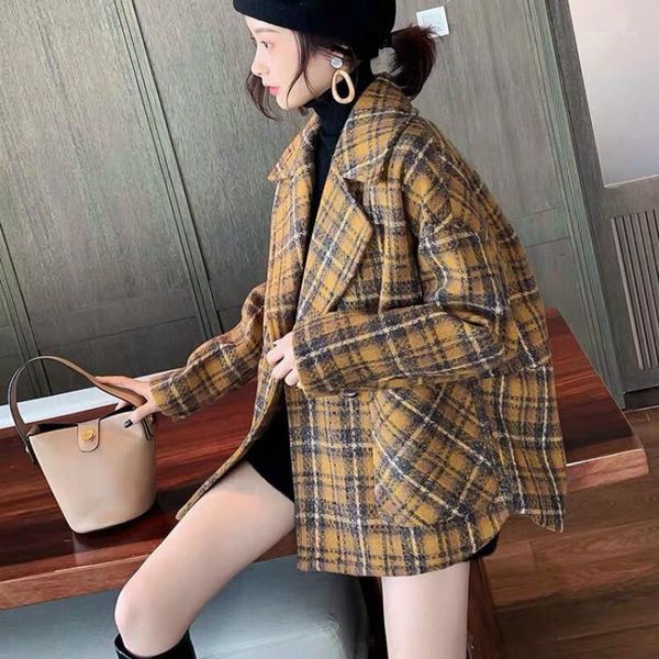 

women's wool & blends cotton thick plaid woolen jacket women's autumn winter 2021 korean version of loose fashion elegant short co, Black