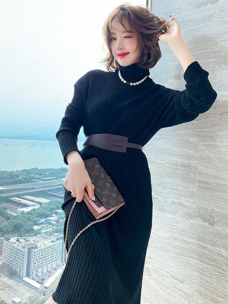 

fashionable simple and generous pit strip texture slim waist knit bottom skirt dress women's 2020 winter new1, Gray