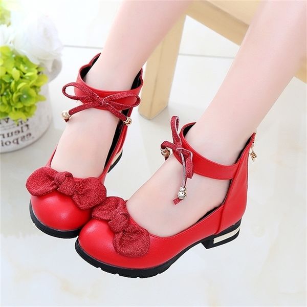 

childrens kids leather student high heeled princess for wedding and party girls shoes pink black y201028, Black;red