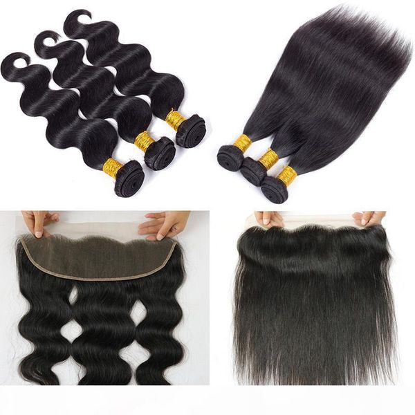 

peruvian straight hair wefts with lace frontal virgin brazilian body wave human hair weave 3 bundles with 13x4 ear to ear weaves closure, Black;brown