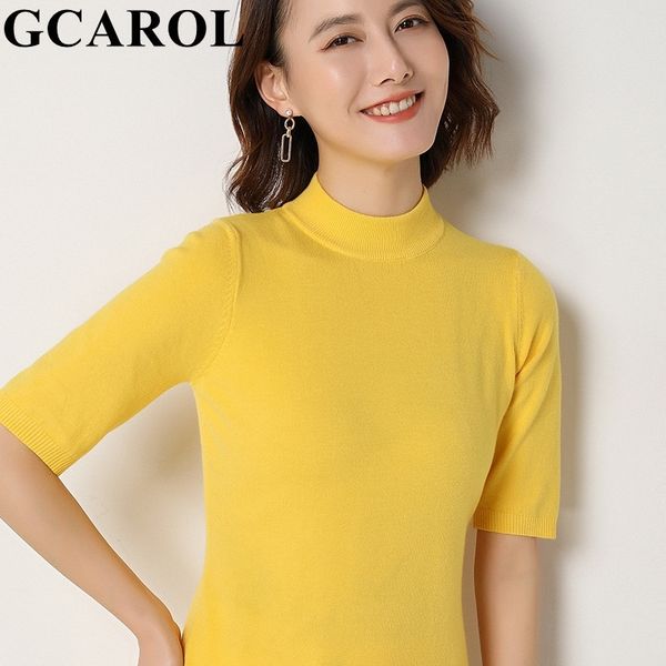 

gcarol spring summer women 30% wool thin t-shirt stand collar minimalist soft breathable basic tees high street knit t200730, White