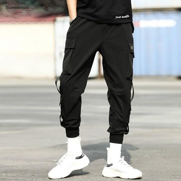 

men's pants men elastic waist with ribbons casual slim jogger streetwear hip hop black harem trousers