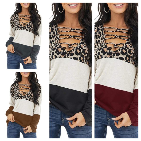 

leopard criss cross hollow out t-shirt women v neck patchwork t shirt long sleeve blouse pullover tshirt sweatshirts e111702, White