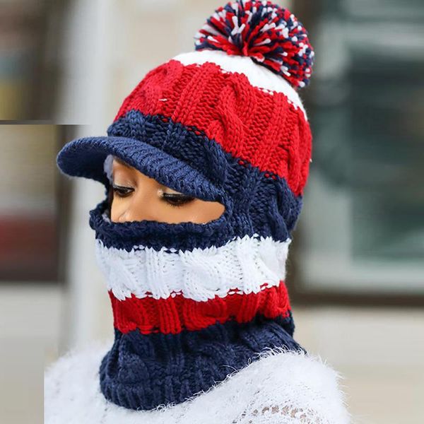 

beanie/skull caps fashion winter riding collar hat female color matching wind ear cap warm outdoor one-piece knitted woolen, Blue;gray