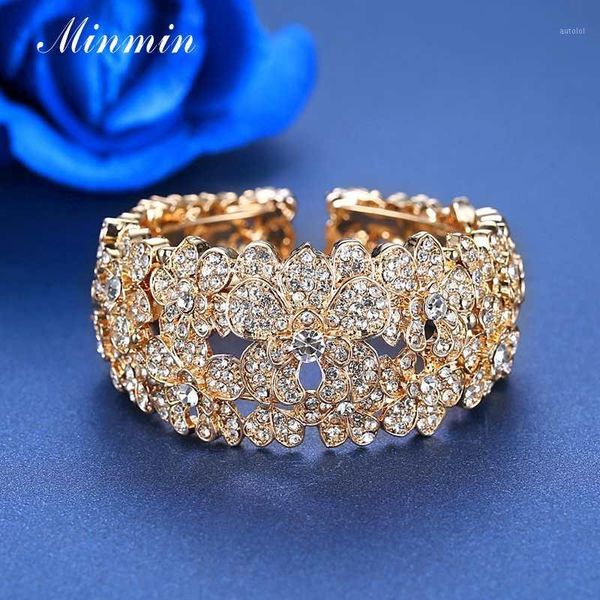 

minmin wide gold silver color flower crystal bangle & bracelet for women brides adjustable bangle wedding jewelry msl4211, Black