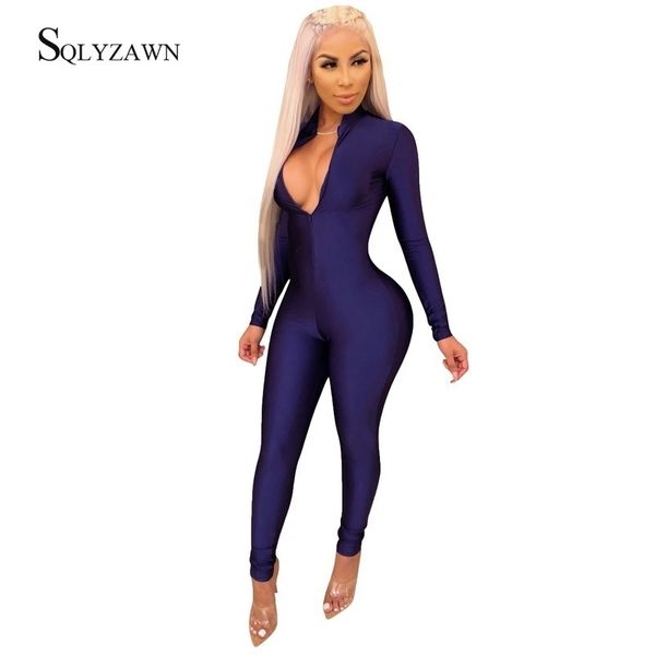 Sexy manga comprida bodycon zipper macacão mulheres cair sólido vermelho azul negro romper feminino outono streetwear macacão magro casual 201007