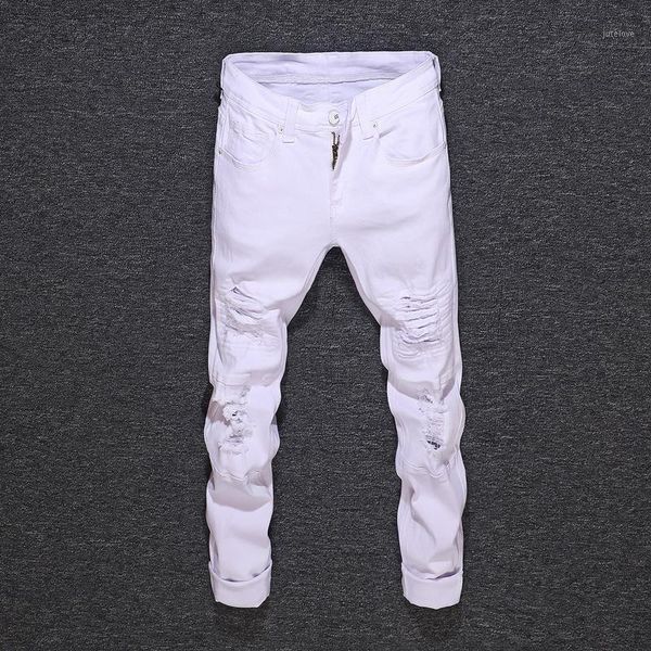 

fashion streetwear men jeans white slim fit elastic destroyed ripped jeans men denim hip hop pants vintage designer homme1, Blue
