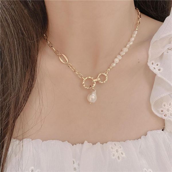

aomu korea fashion autumn winter baroque freshwater pearl chain stitching necklace asymmetric sweater chain for female jewelry, Silver