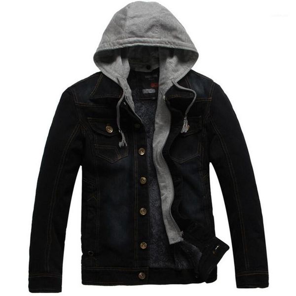 

denim jacket men's casual slim jeans hooded coat jacket thick denim men's1, Black;brown