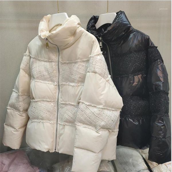 

2020 winter new thick stitching small fragrance sequins short warm down jacket loose and thin short coat women1, Black