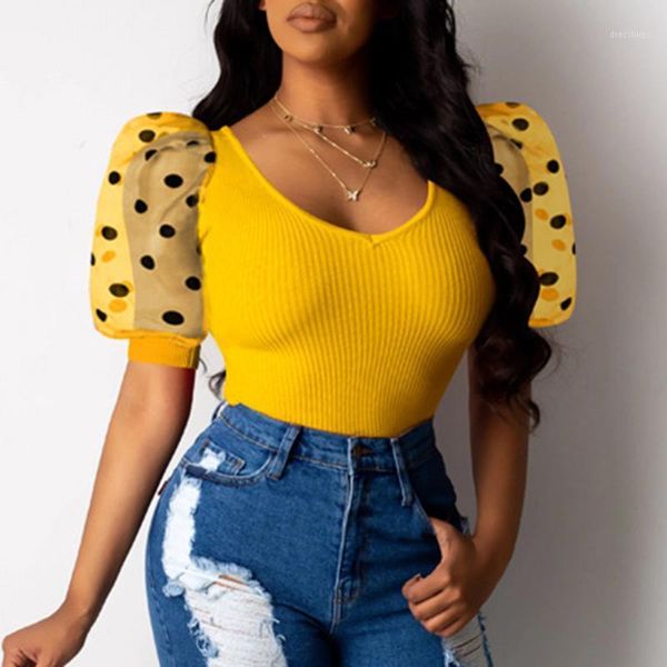 

women's blouses & shirts yellow mesh women puff sleeve summer african 2021 pokla dot slim female t-shirts v neck pullover 1, White