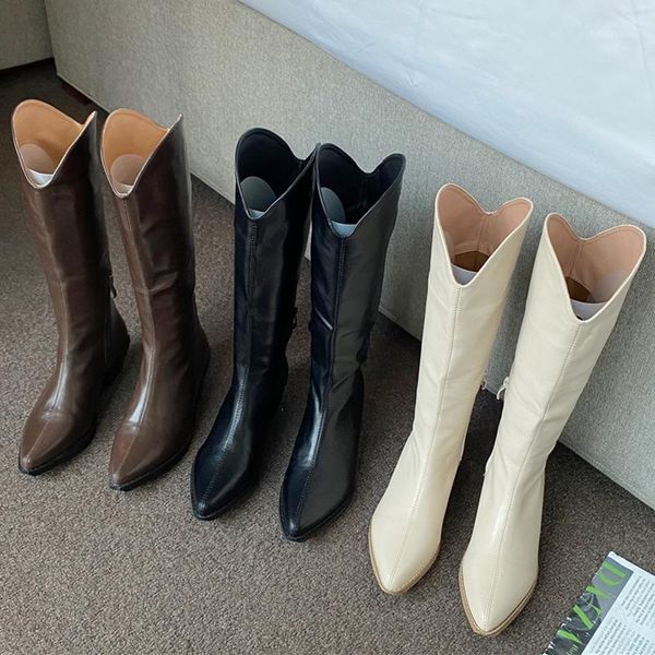 

2020 new winter fashion women pointed toe beige boots zippers brown cowboy boots soft leather black knee high ladies shoes1