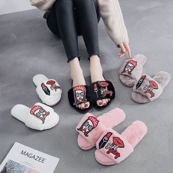 

women's cotton flat bottomed antiskid thermal cow's tendon bottom cartoon wool slippers y1202, Black