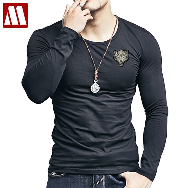

2020 brand wolf embroidery tshirt cotton long sleeve t shirt spring autumn casual men's o neck slim t-shirts size s-5xl, White;black