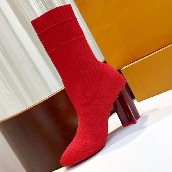 

boots women woven socks high heel woman shoes round toe knitted slip on casual autumn winter zapatos de mujer, Black