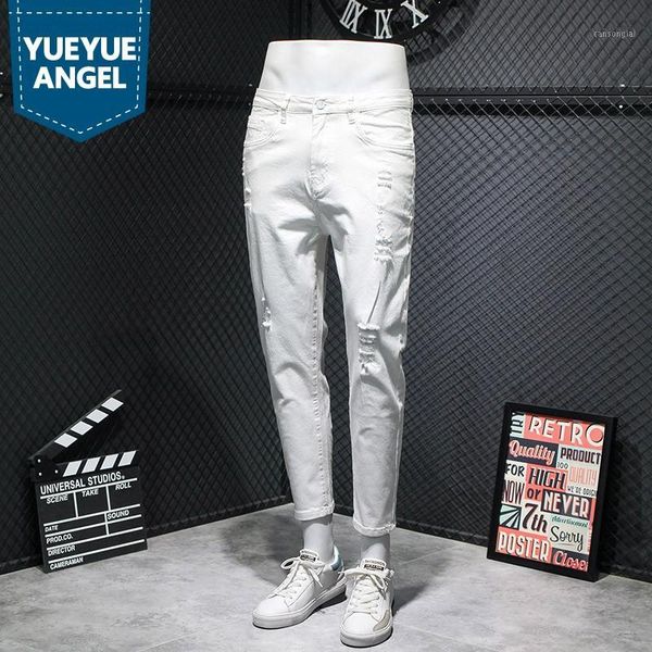 

white frayed hole jeans men stretch slim denim pencil pants summer preppy style zipper casual ankle-length pants plus size 421, Blue