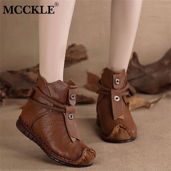 

mcckle women pu leather ankle boots flats pleated ladies zip plush warm winter shoes female fashion sewing retro short boot y200723, Black