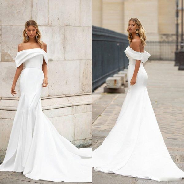 

milla nova mermaid wedding dresses off shoulder sleeveless satin sheath wedding dress sweep train bridal gowns vestido de novia, White