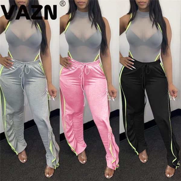 

women's pants & capris vazn chic design 2021 spring lady 3 colors solid ruffles long elastic mid waist side vent casual pant1, Black;white