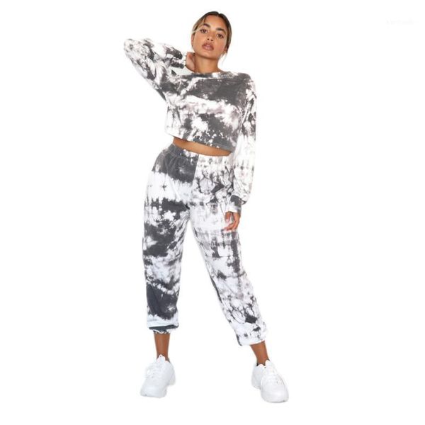 

yoga outfits women set sports two piece suits fashion tie dye long sleeve pullover high waist trousers elastic autumn 20211, White;red