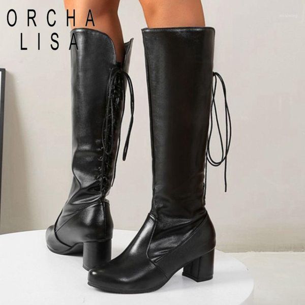 

boots orcha lisa women knee round toe wide 5.5cm square heels lace-up designer big size 33-48 casual date spring sliver c21751, Black