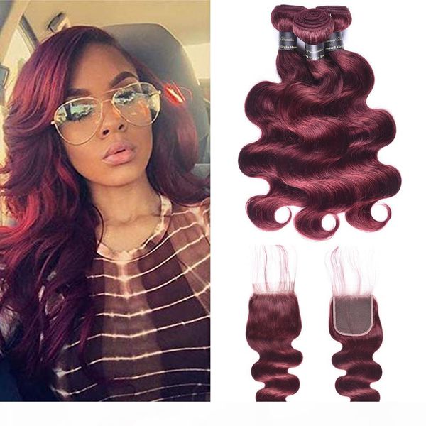 

100% human hair bundles with closure 99j red wine color burmese body wave 3 pcs hair extensions with lace closure grade 9a, Black;brown