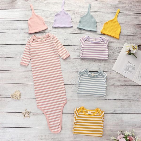 

0-1y baby girl boy sleeping bags hat 2pcs soft striped newborn swaddle blanket wrap cotton sets for baby1
