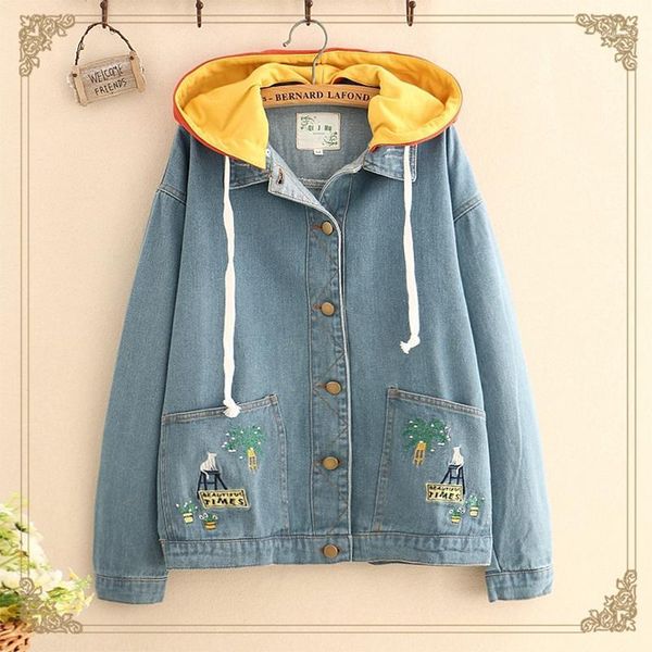 

casual womens hooded jean jackets cartoon embroidery female ladies basic bomber denim jacket t5131, Black;brown
