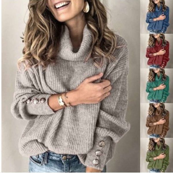 

autumn winter new 2020 high neck sweater women's cuff button, White;black