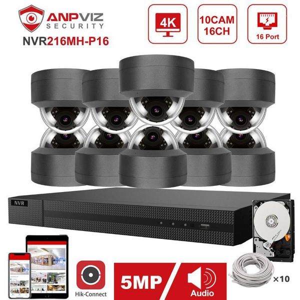 

hikvision oem 16ch 4k nvr anpviz 5mp poe ip camera system 10pcs indoor/outdoor ip security system kit ip66 30m pulg&play gray1