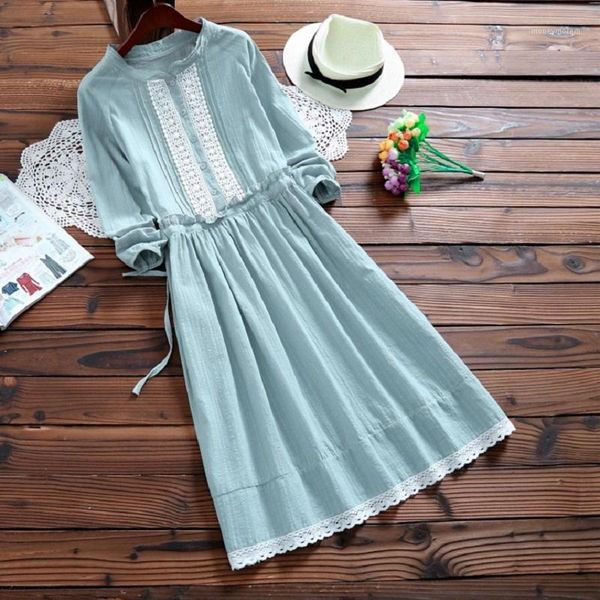 

wholesale- 2017 new cute women spring autumn female dress stand collar casual loose cotton and linen tunic vestidos full sleeve sweet dress1, White;black