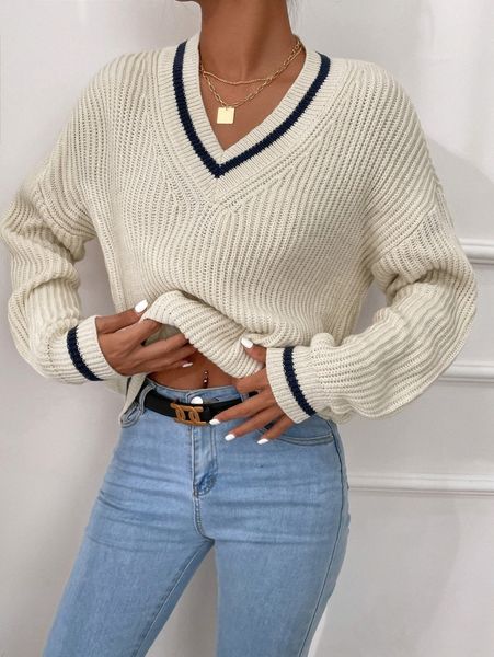 

striped trim drop shoulder cricket sweater 61yl#, White