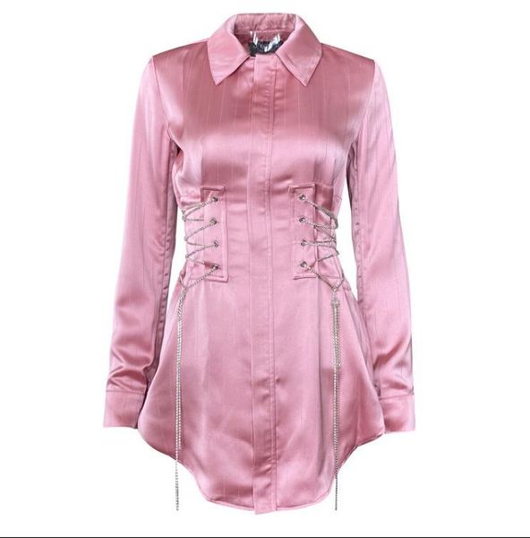 

fashion desigan women pink shirts long sleeve lace up waist women black shirts femme lace up waist, White