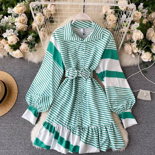 

ins popular green striped patchwork colars autumn women dress puffy sleve belted short ruffled dress1, Black;gray