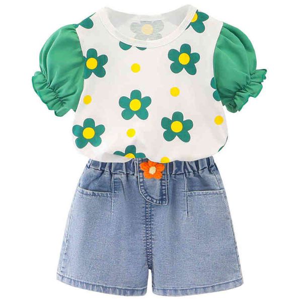 Vestiti della neonata Estate Moda Fiore Top manica corta Top + Jeans Suit per neonato Vestiti per bambina 0-4 anni Vestito per bambini Y220310