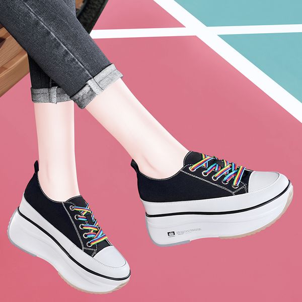 

fashion women's cow leather low height increasing shoes round toe casual platform shoes in 34-40, Black;white