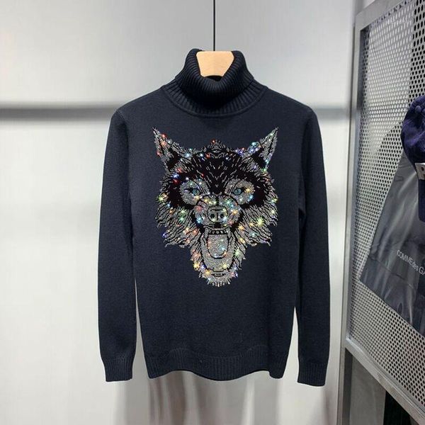 

rhinestone three-dimensional 3d pattern material comfortable pullover winter loose cashmere men turtleneck sweater1, White;black