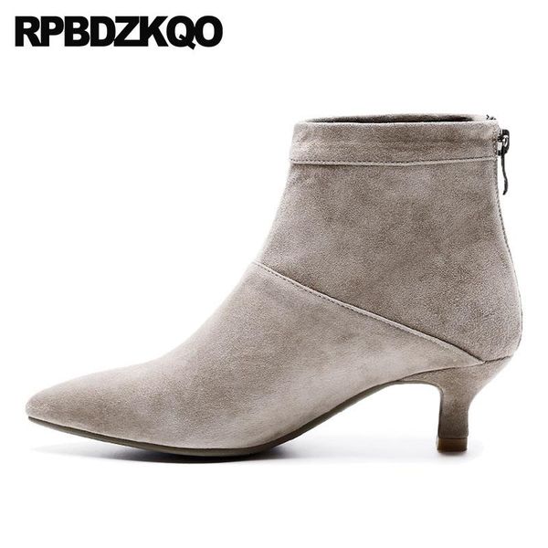 

boots vintage stiletto sheepskin shoes fur winter women ankle medium heel booties suede short autumn genuine leather pointed toe, Black