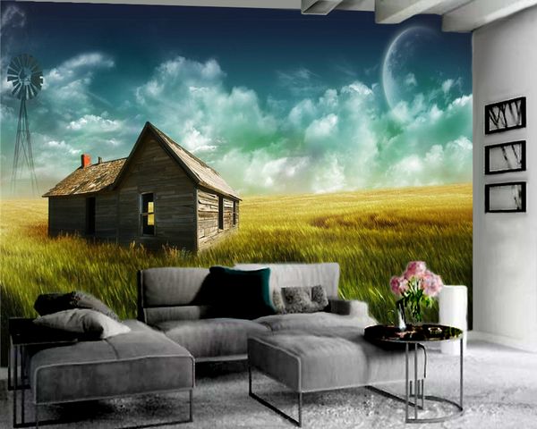 

romantic 3d landscape wallpaper wood house on green grass 3d wallpaper indoor tv background wall decoration mural wallpaper