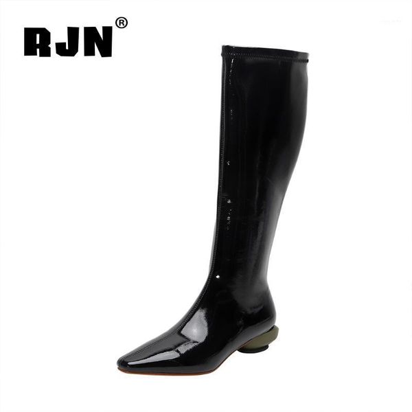 

rjn women's knee-high boots patent leather pointed toe concise fashion shoes genuine leather women's shoes ro4521, Black