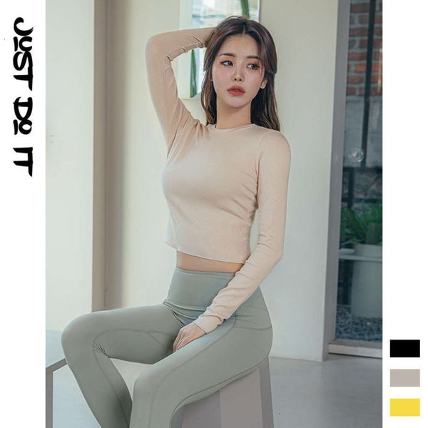 

new autumn and winter long 2020 sve bandage yoga women's sports short fitns t-shirt, Gray