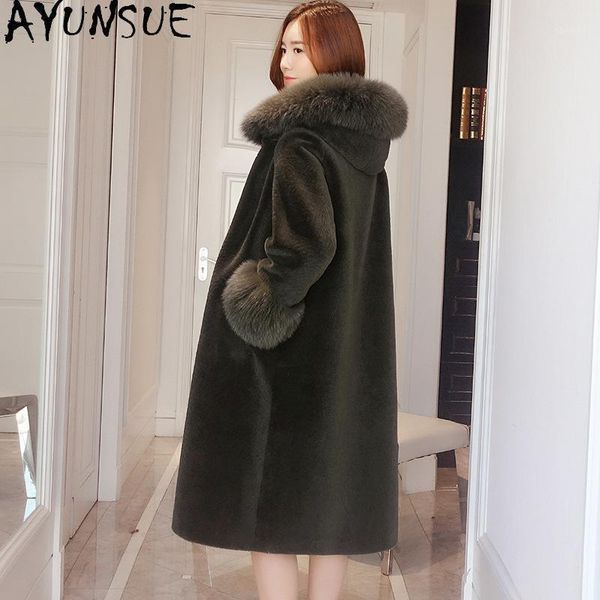

women's fur & faux ayunsue women's real coat hooded winter jacket collar elegant warm clothes long sheep shearing 20211, Black