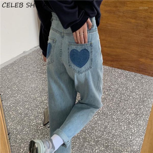 

shijia streetwear high waist heart pockets women denim jeans casual chic long straight leg jeans pants female bottoms 2021 new1, Blue