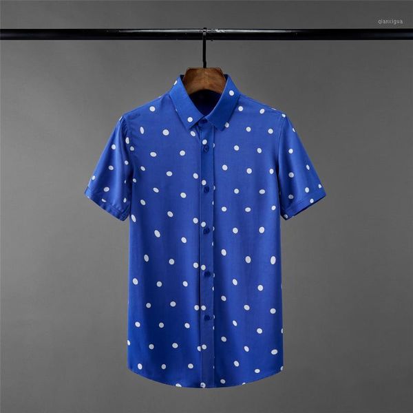 

new blue mens shirts luxury polka dot short sleeve casual mens dress shirts plus size 4xl fahsion slim fit male1, White;black