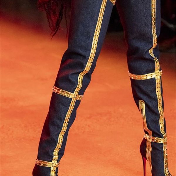 

rivet gold shredded studs denim on the knee pointed toe track feminine thin heels thigh high-fashion boots shoes g7pk, Black
