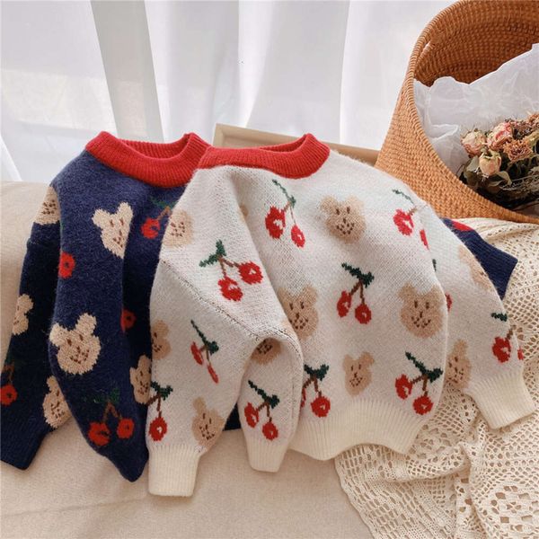 

thickened new girls' cherry bear sweater children's baby round neck knitted in autumn and winter 2020, Blue