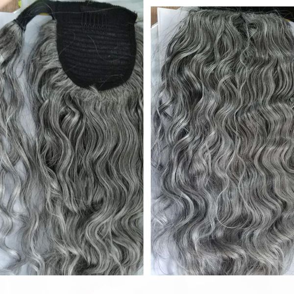 

wavy gray ponytail hair extension for women wraps around clip in real hair human hair grey hairpiece salt and pepper grey and white, Black